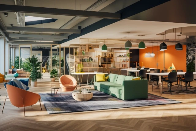 Cozy lounge area in a collaborative workspace, designed for informal meetings and relaxation.