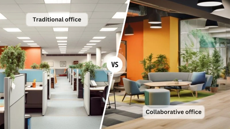 Contrast between a traditional office layout with cubicles and a modern collaborative workspace with open, flexible seating areas.